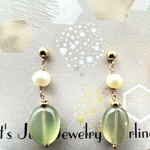 Womens Earrings 14K Yellow Gold Pearl Peridot Chandelier Drop Pierced Gift Idea